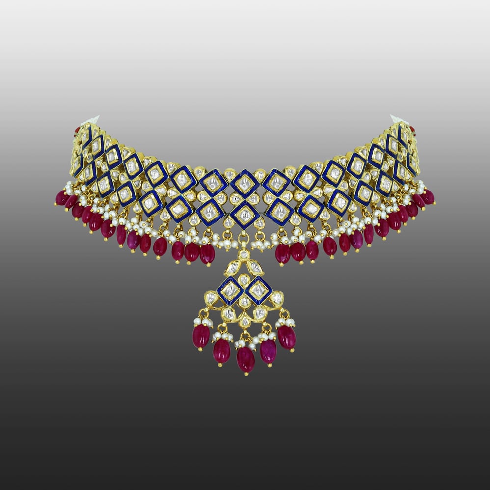 Polki Choker with Blue Enamel, Ruby Drops, and Culture Pearls